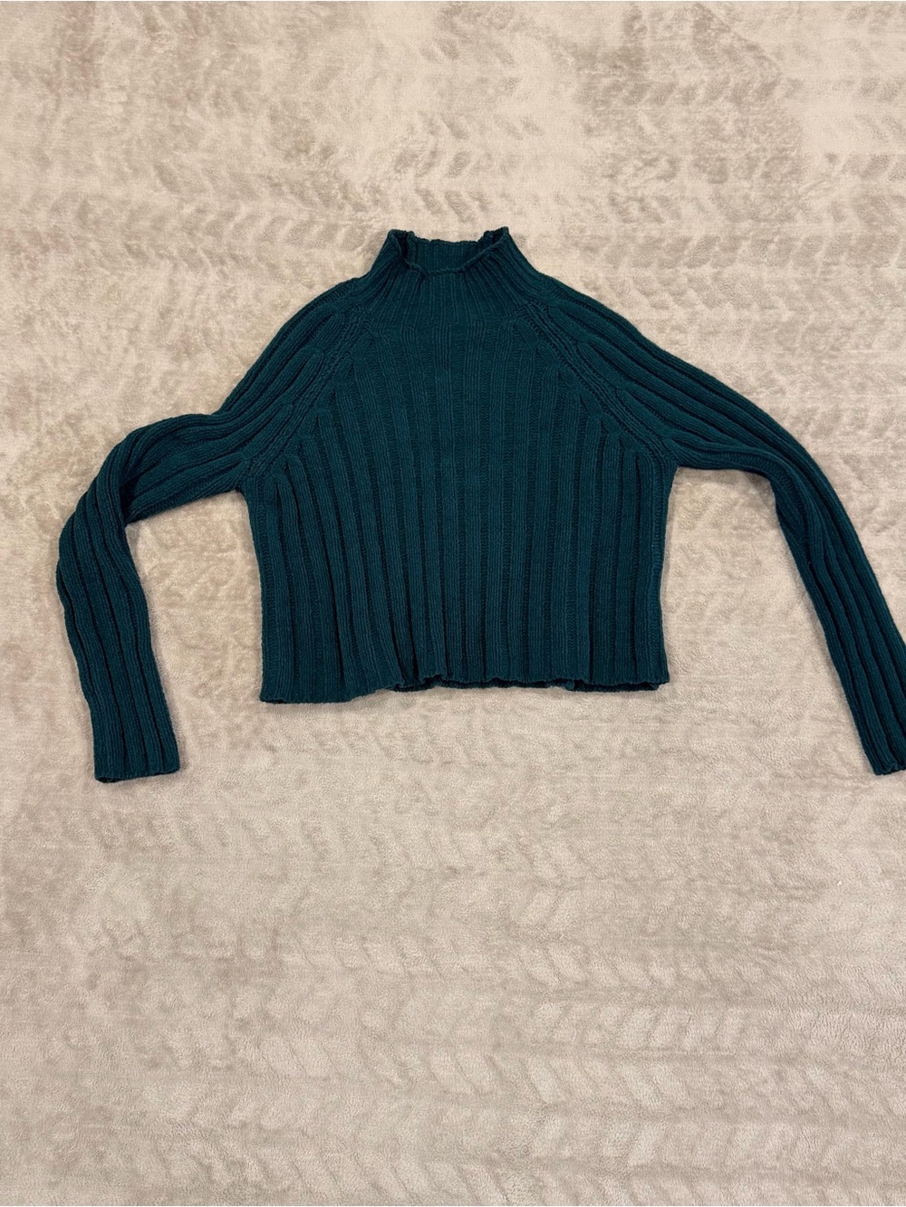 American Eagle Teal Green Ribbed Mock Neck Cropped Fuzzy Sweater Size L